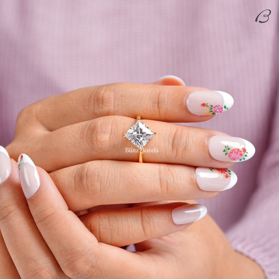 East - West Princess Cut Moissanite Diamond Solitaire Engagement Ring