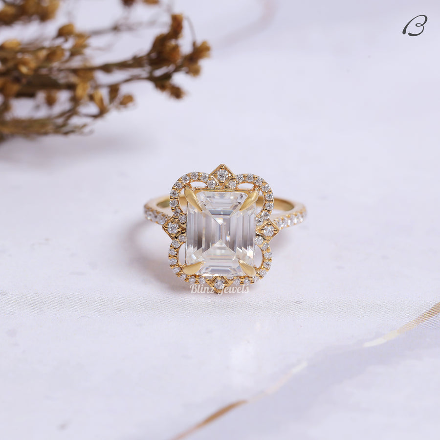 IGI Certified Emerald Cut Lab Grown Diamond Flower Halo Anniversary Ring