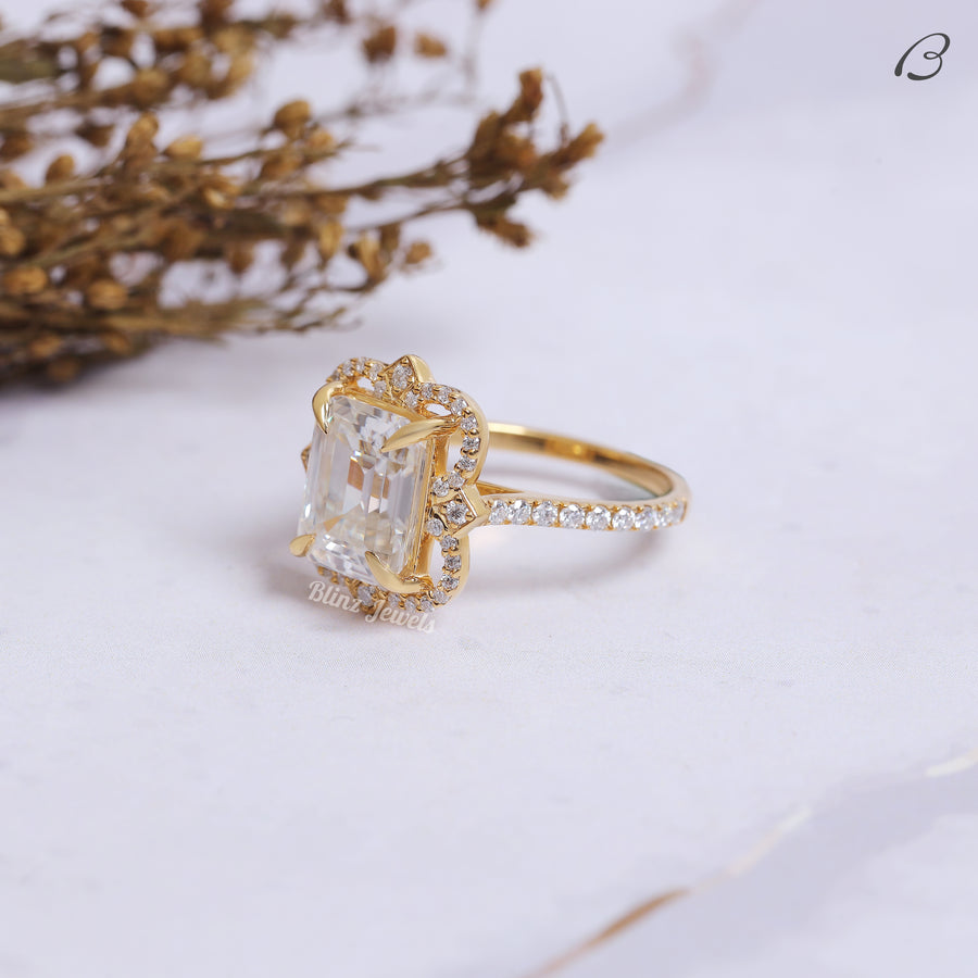 IGI Certified Emerald Cut Lab Grown Diamond Flower Halo Anniversary Ring