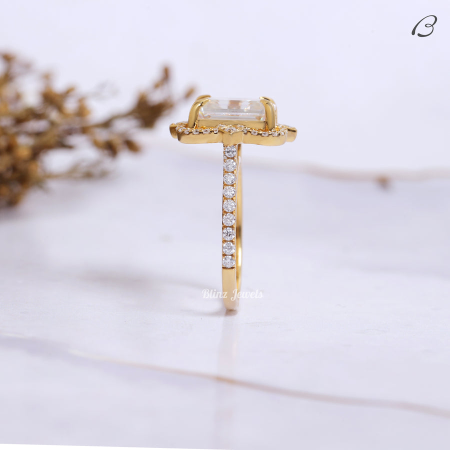 IGI Certified Emerald Cut Lab Grown Diamond Flower Halo Anniversary Ring