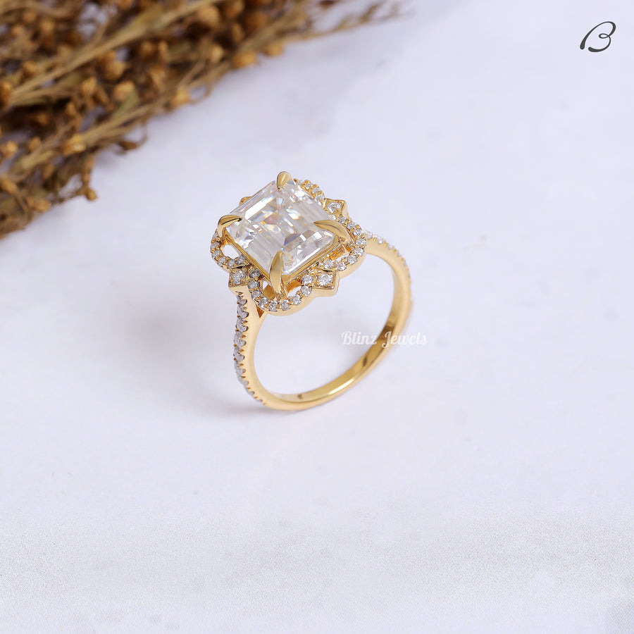 IGI Certified Emerald Cut Lab Grown Diamond Flower Halo Anniversary Ring