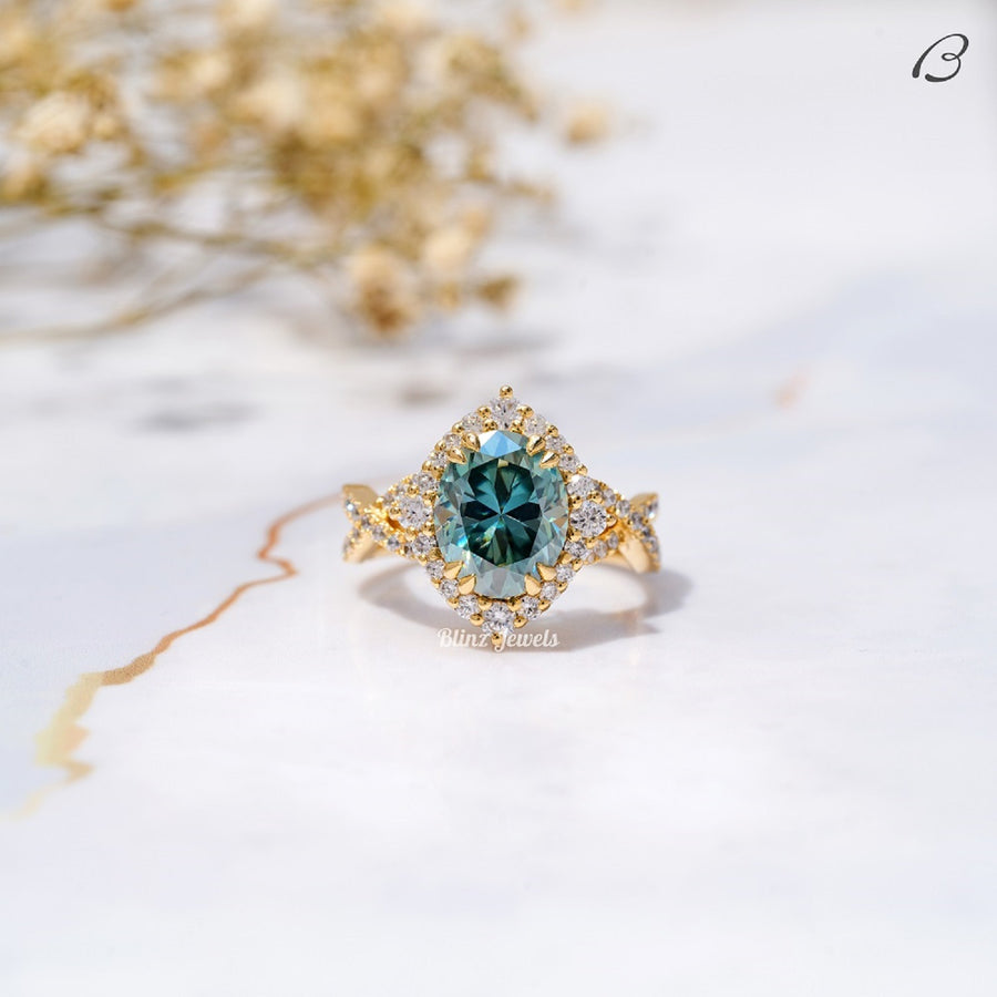 Blue Oval Cut Moissanite Criss Cross Over Twisted Split Shank Halo Wedding Ring