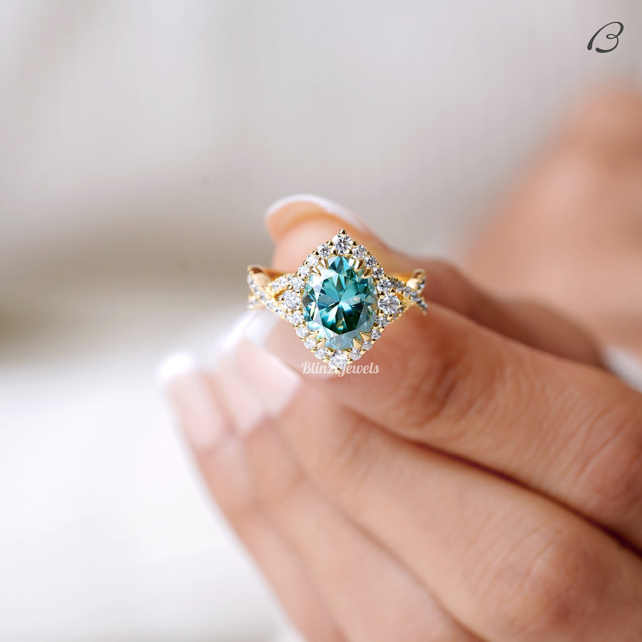 Blue Oval Cut Moissanite Criss Cross Over Twisted Split Shank Halo Wedding Ring