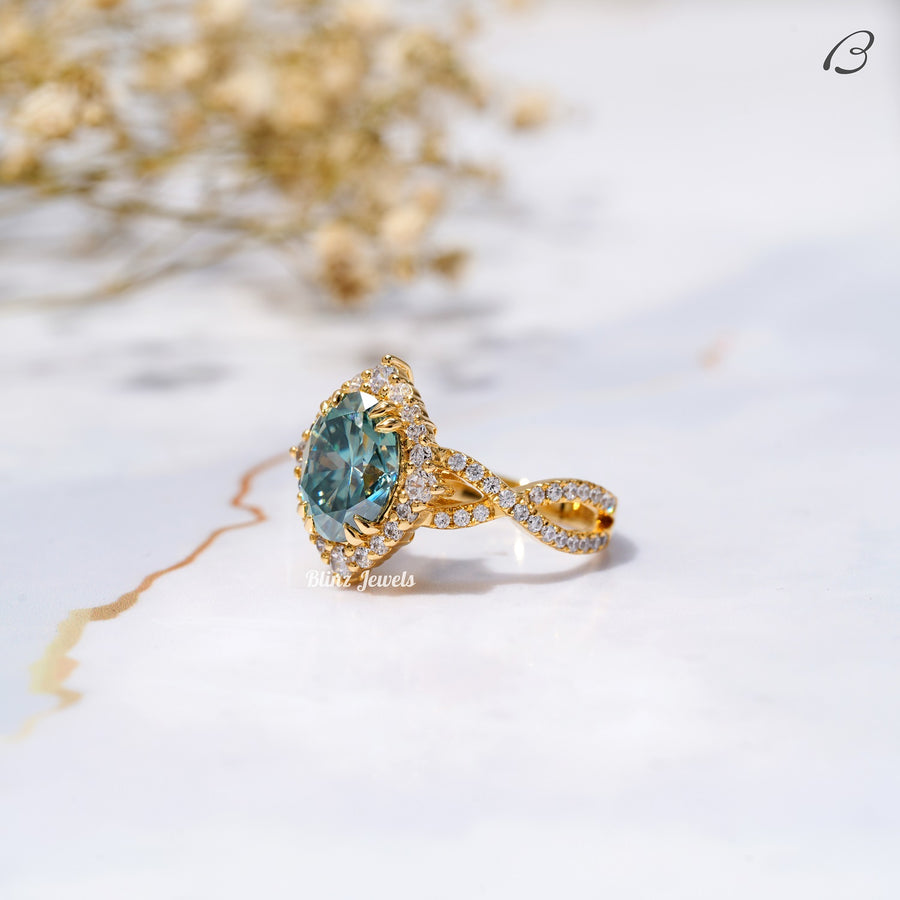 Blue Oval Cut Moissanite Criss Cross Over Twisted Split Shank Halo Wedding Ring