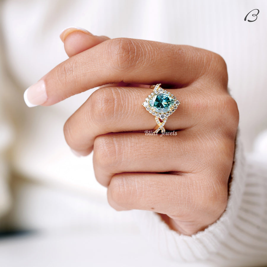 Blue Oval Cut Moissanite Criss Cross Over Twisted Split Shank Halo Wedding Ring