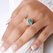 Blue Oval Cut Moissanite Criss Cross Over Twisted Split Shank Halo Wedding Ring