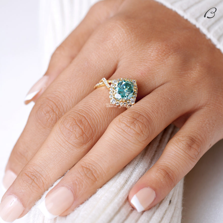 Blue Oval Cut Moissanite Criss Cross Over Twisted Split Shank Halo Wedding Ring