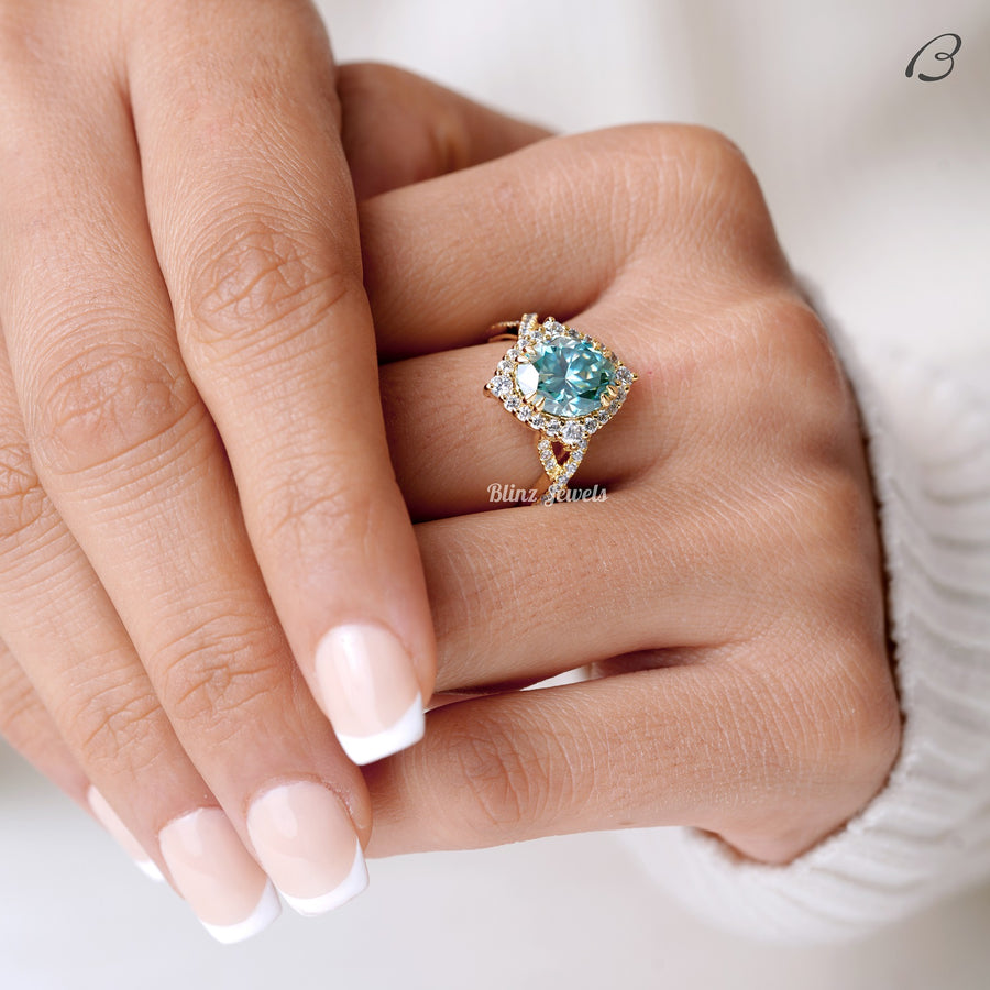 Blue Oval Cut Moissanite Criss Cross Over Twisted Split Shank Halo Wedding Ring