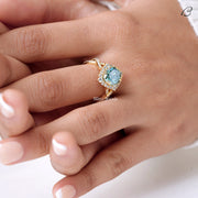 Blue Oval Cut Moissanite Criss Cross Over Twisted Split Shank Halo Wedding Ring