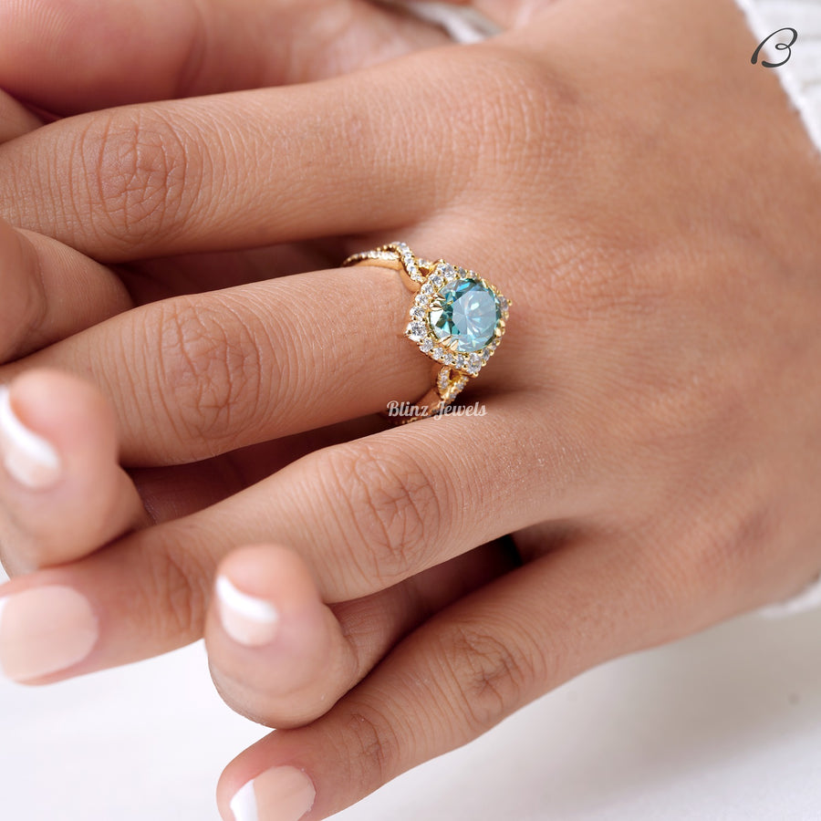 Blue Oval Cut Moissanite Criss Cross Over Twisted Split Shank Halo Wedding Ring