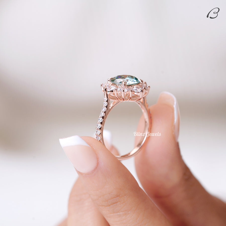 Cyan Blue Round Cut Moissanite Cluster Halo Anniversary Gift Ring