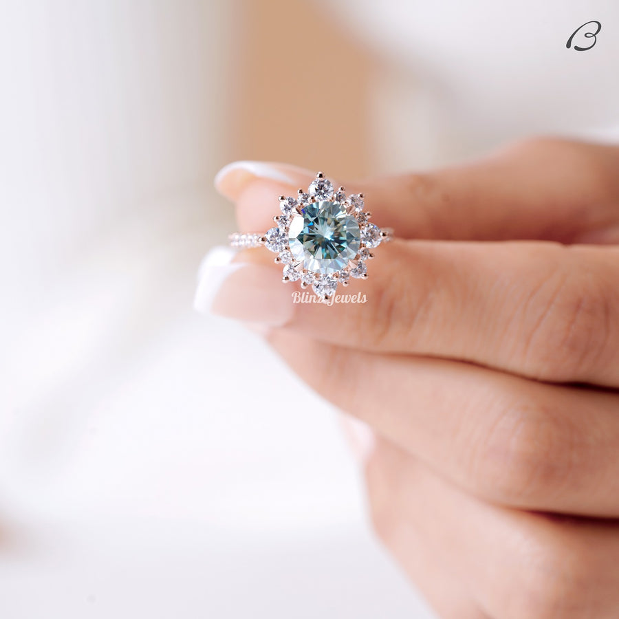 Cyan Blue Round Cut Moissanite Cluster Halo Anniversary Gift Ring