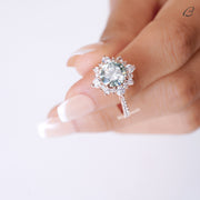 Cyan Blue Round Cut Moissanite Cluster Halo Anniversary Gift Ring