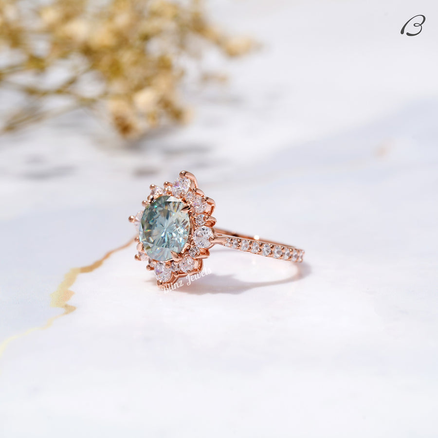 Cyan Blue Round Cut Moissanite Cluster Halo Anniversary Gift Ring