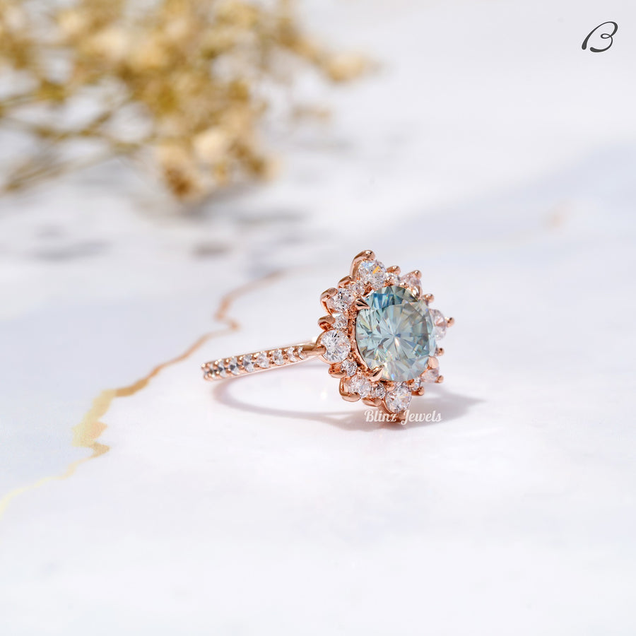 Cyan Blue Round Cut Moissanite Cluster Halo Anniversary Gift Ring