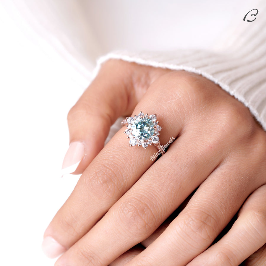 Cyan Blue Round Cut Moissanite Cluster Halo Anniversary Gift Ring