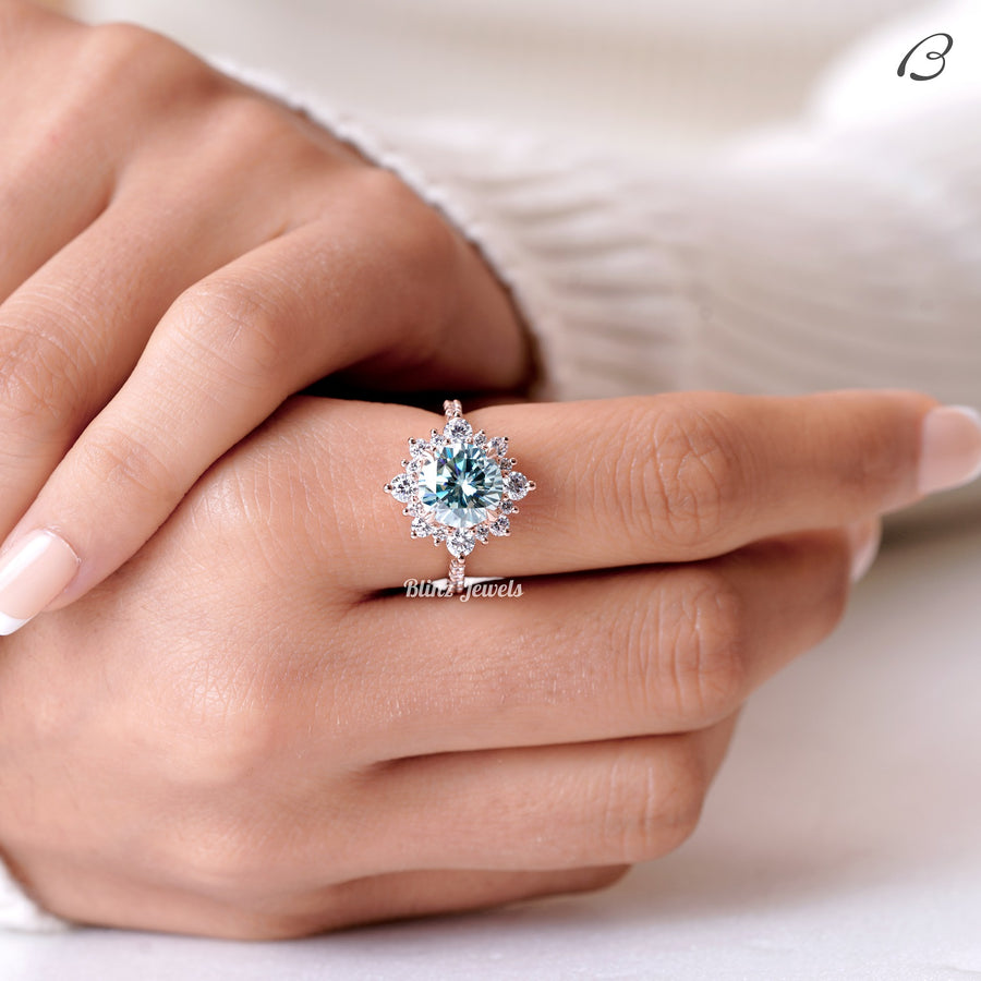 Cyan Blue Round Cut Moissanite Cluster Halo Anniversary Gift Ring