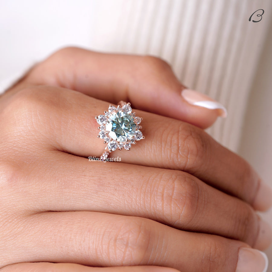 Cyan Blue Round Cut Moissanite Cluster Halo Anniversary Gift Ring