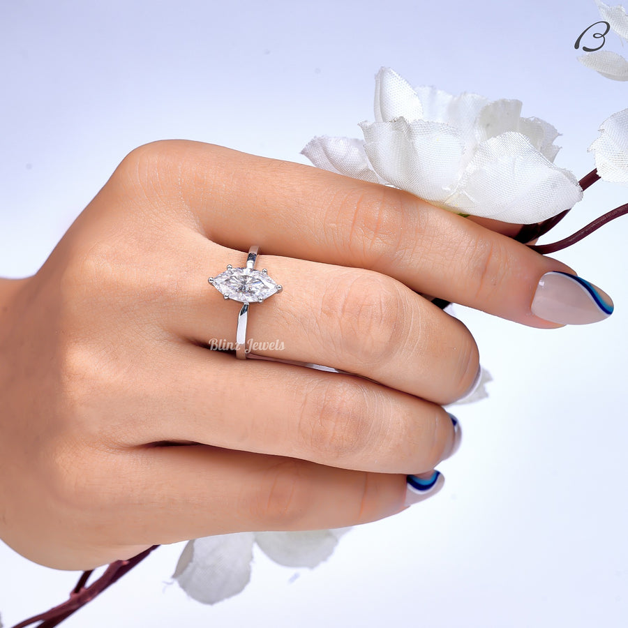 Colorless Moissanite Marquise Cut Solitaire Diamond Engagement Ring