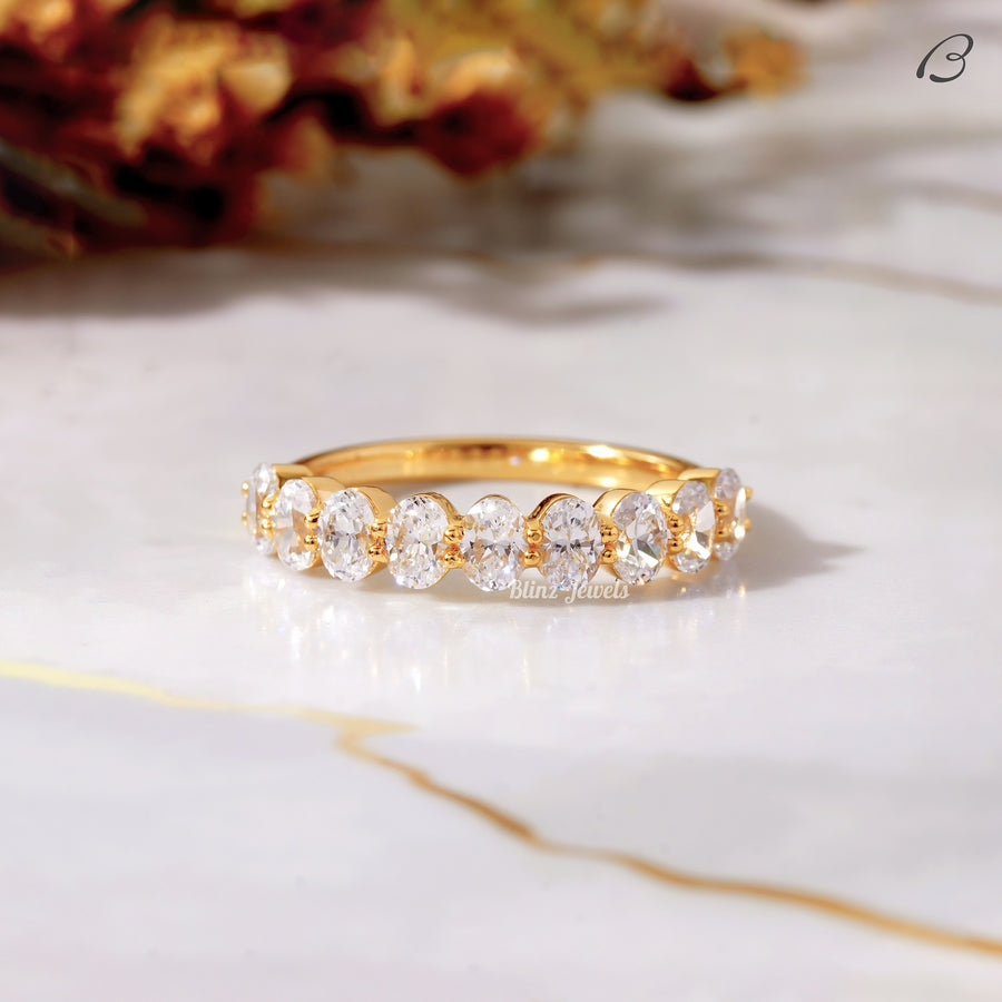 Half Eternity Band Oval Cut Moissanite Diamond Stackable Wedding Band