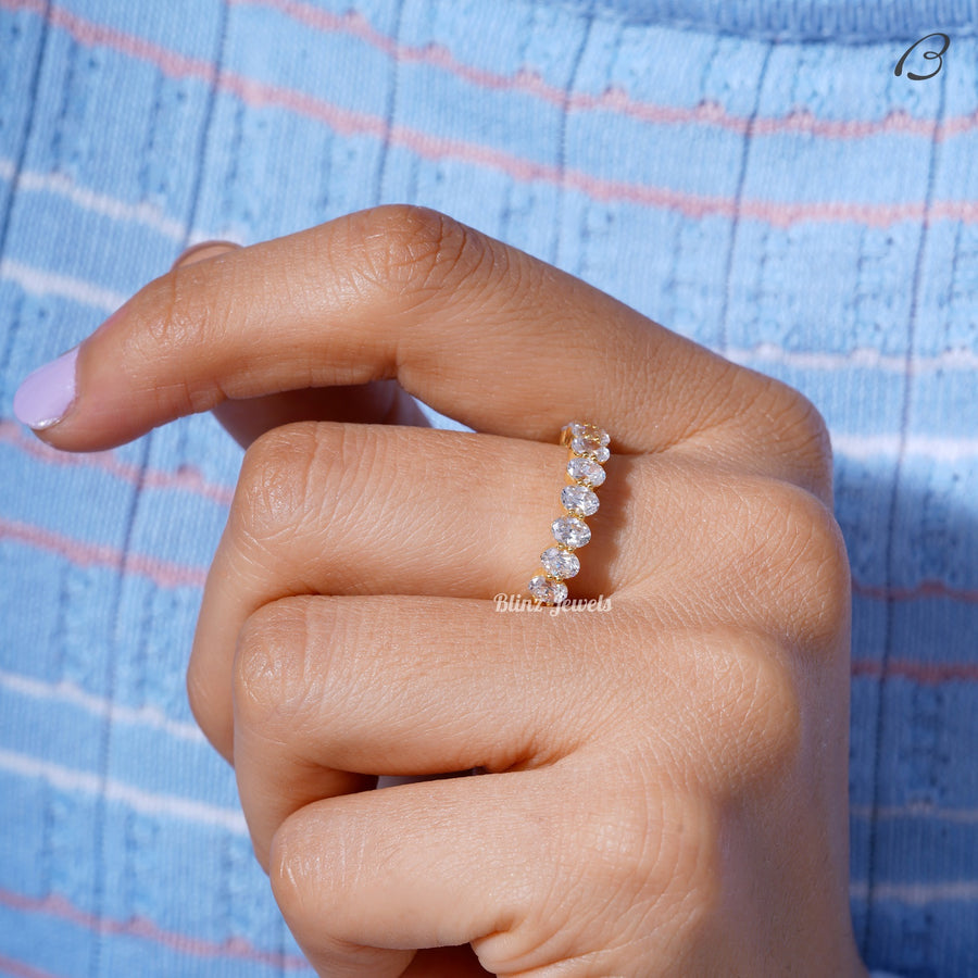 Half Eternity Band Oval Cut Moissanite Diamond Stackable Wedding Band