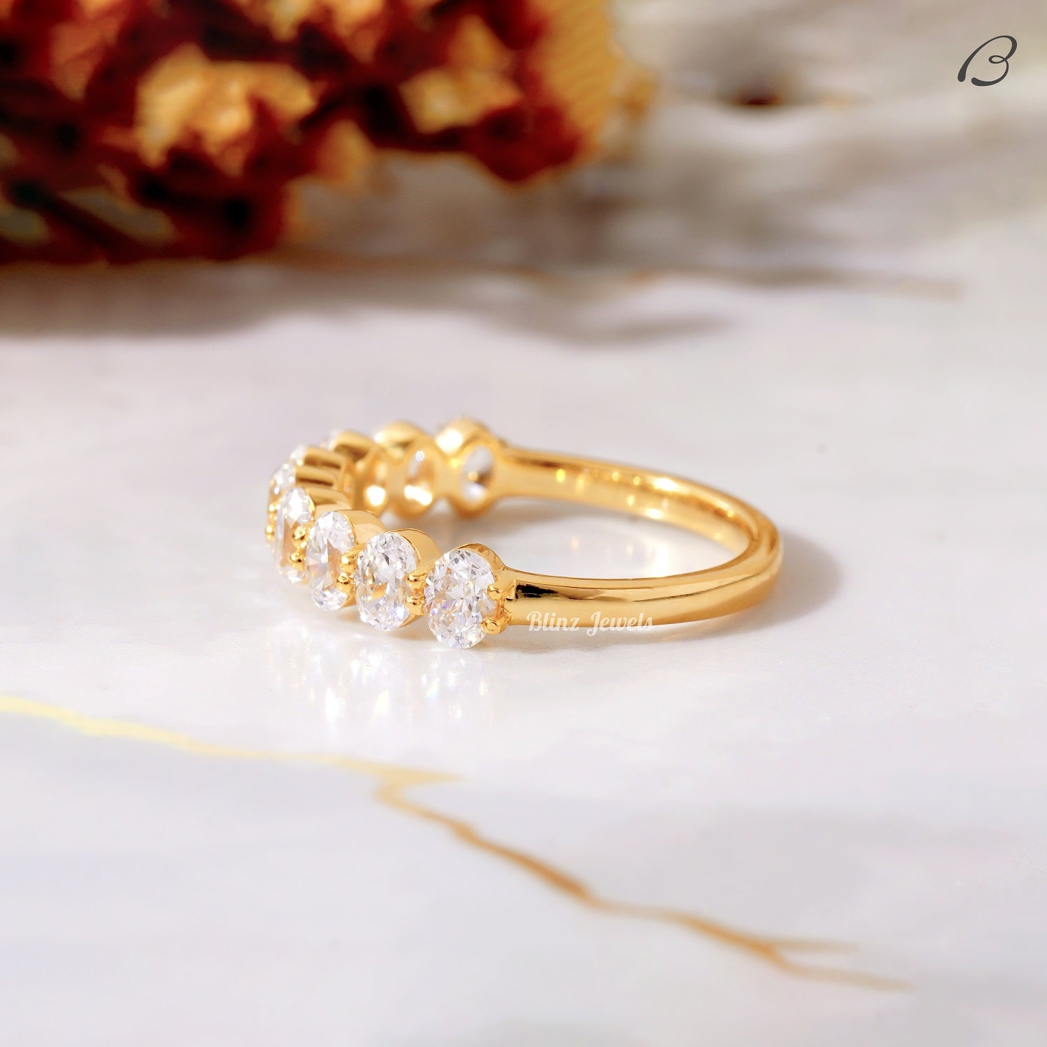 Half Eternity Band Oval Cut Moissanite Diamond Stackable Wedding Band