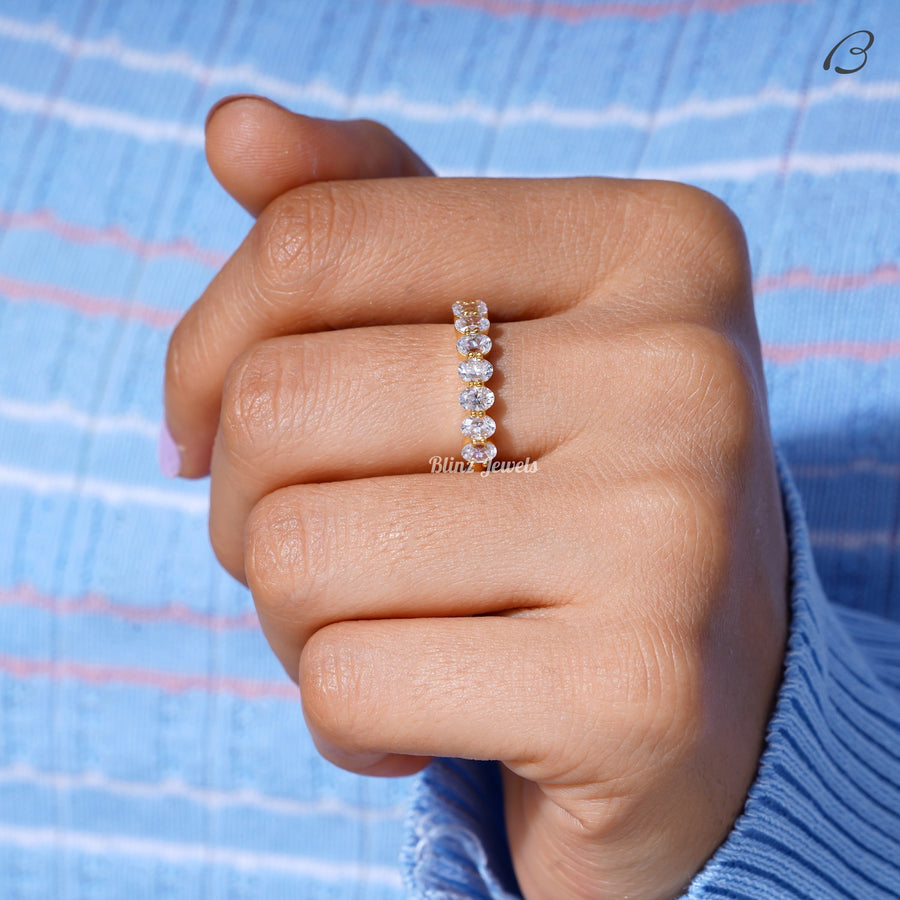Half Eternity Band Oval Cut Moissanite Diamond Stackable Wedding Band