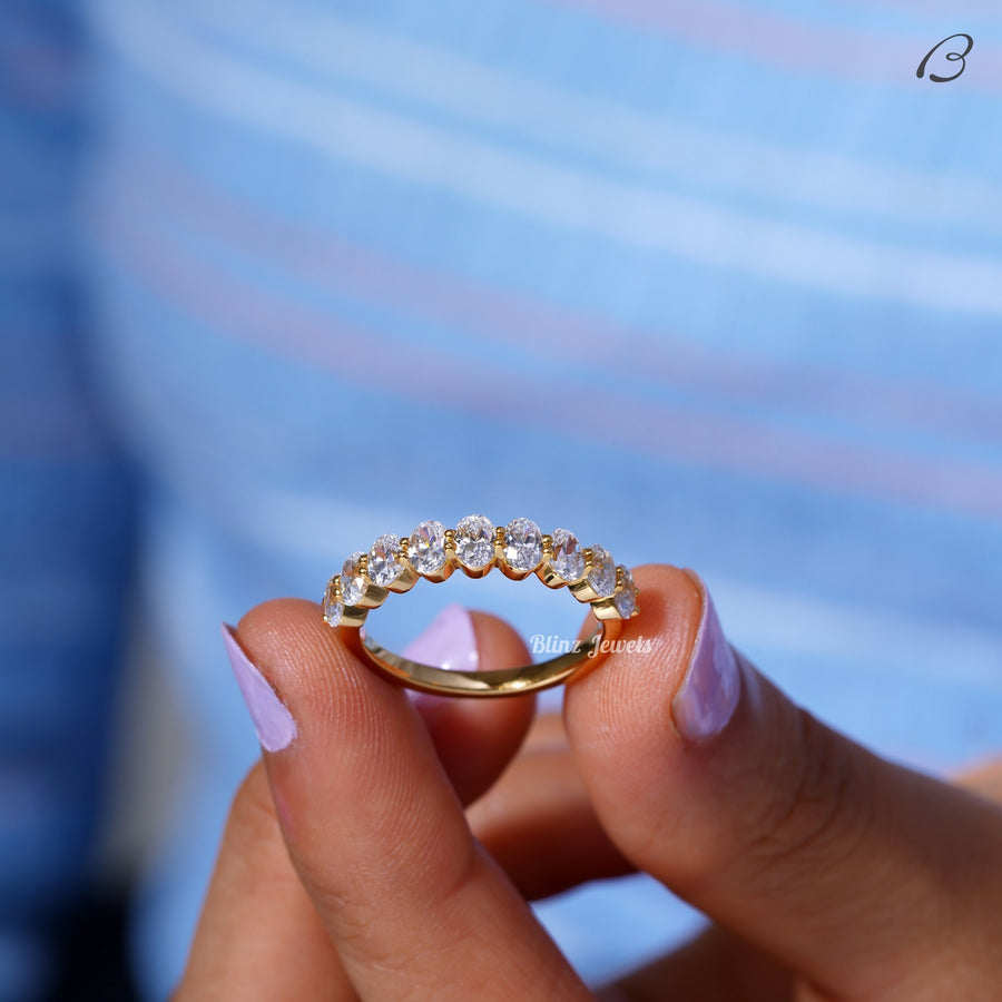 Half Eternity Band Oval Cut Moissanite Diamond Stackable Wedding Band