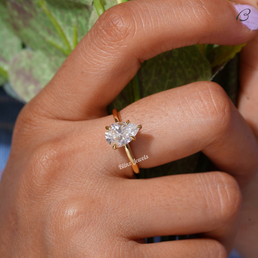 Pear Cut Colorless Moissanite Solitaire Diamond Engagement Ring