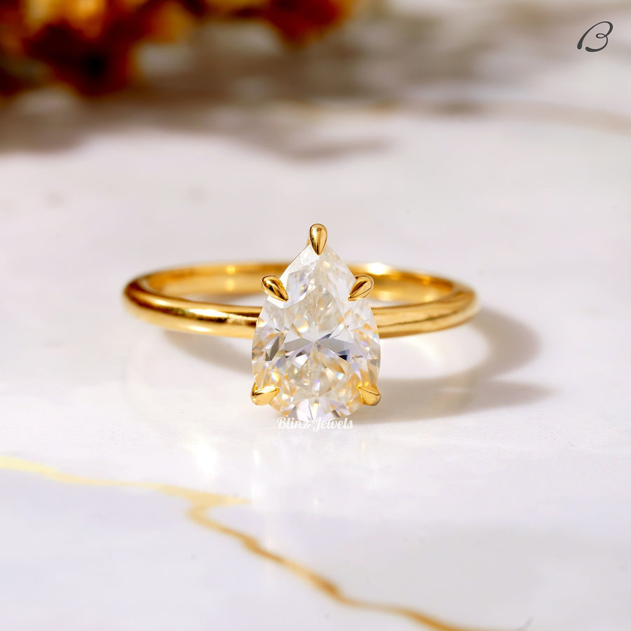 Pear Cut Colorless Moissanite Solitaire Diamond Engagement Ring