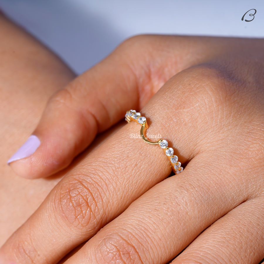 Round Cut Moissanite Bubble Prong Set Notched Stackable Anniversary Band