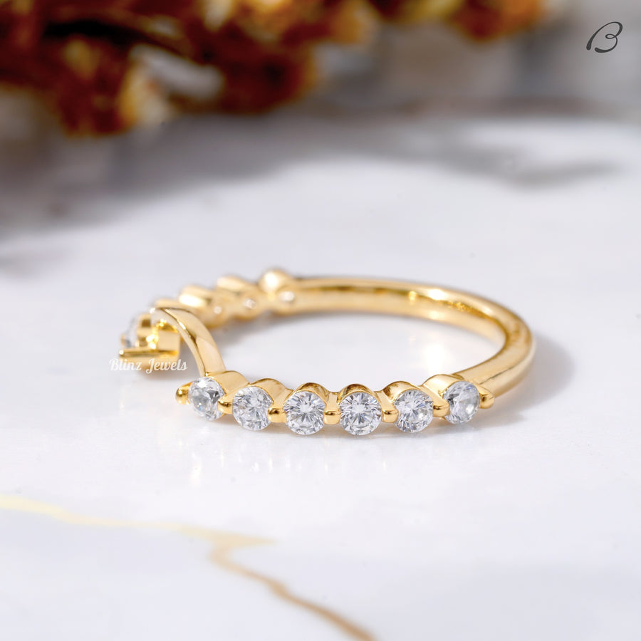 Round Cut Moissanite Bubble Prong Set Notched Stackable Anniversary Band