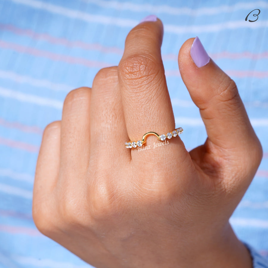 Round Cut Moissanite Bubble Prong Set Notched Stackable Anniversary Band