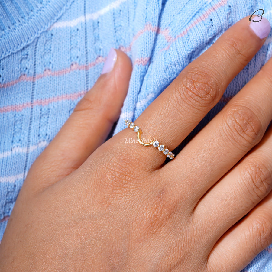 Round Cut Moissanite Bubble Prong Set Notched Stackable Anniversary Band