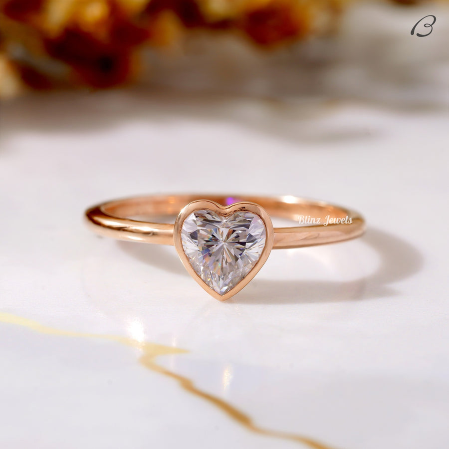 Stunning Heart Cut Moissanite Solitaire Bezel Set Proposal Ring