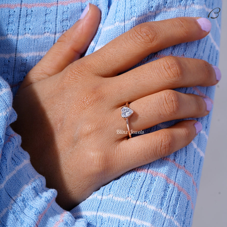 Stunning Heart Cut Moissanite Solitaire Bezel Set Proposal Ring