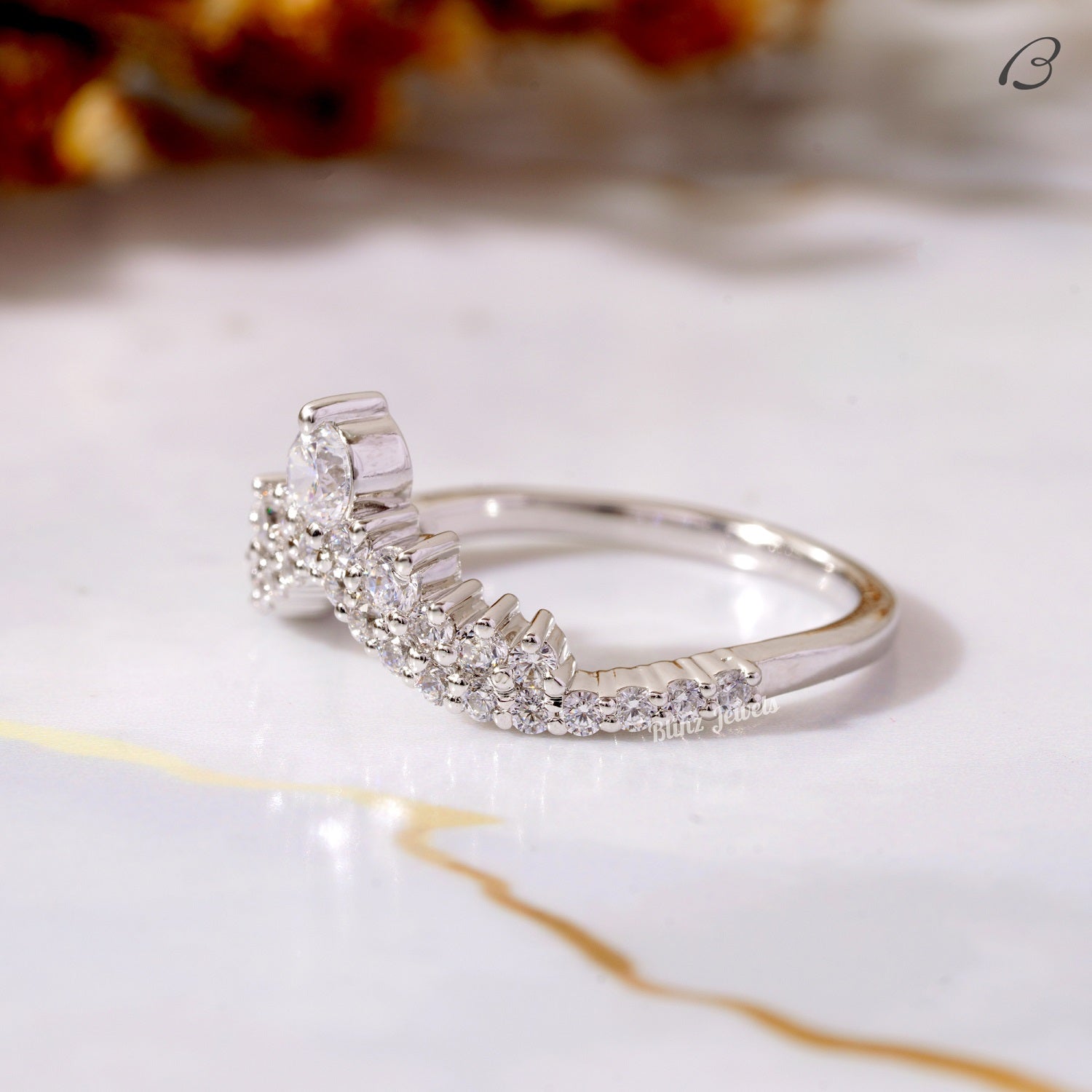 Round Cut Moissanite V Shape Chevron Pave Set Princess Crown Curved Promise Band