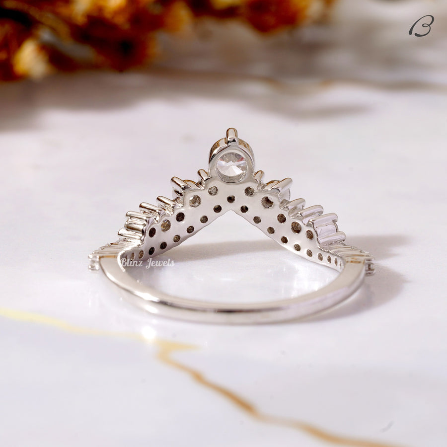 Round Cut Moissanite V Shape Chevron Pave Set Princess Crown Curved Promise Band