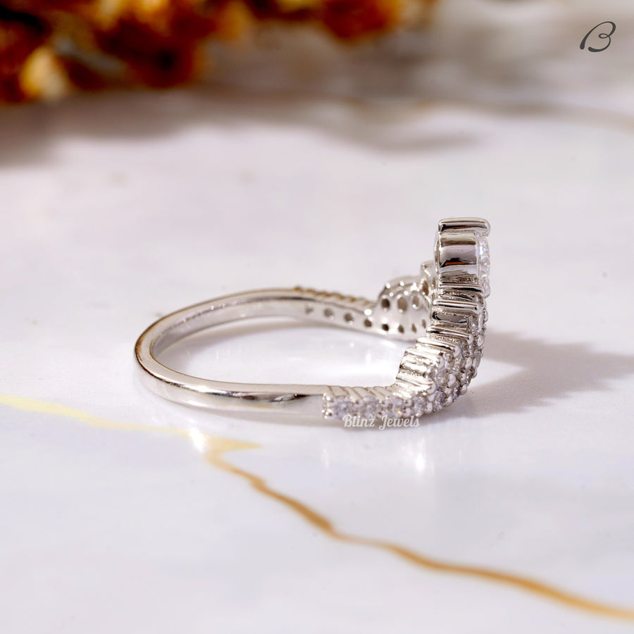 Round Cut Moissanite V Shape Chevron Pave Set Princess Crown Curved Promise Band