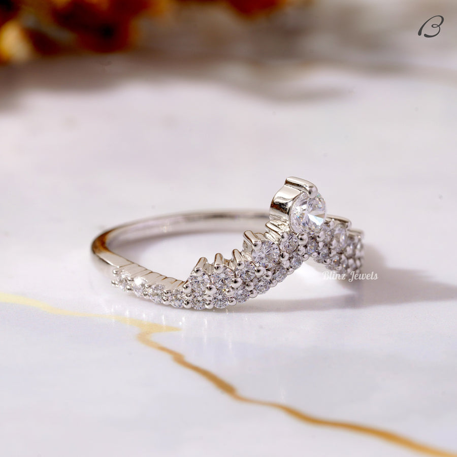Round Cut Moissanite V Shape Chevron Pave Set Princess Crown Curved Promise Band