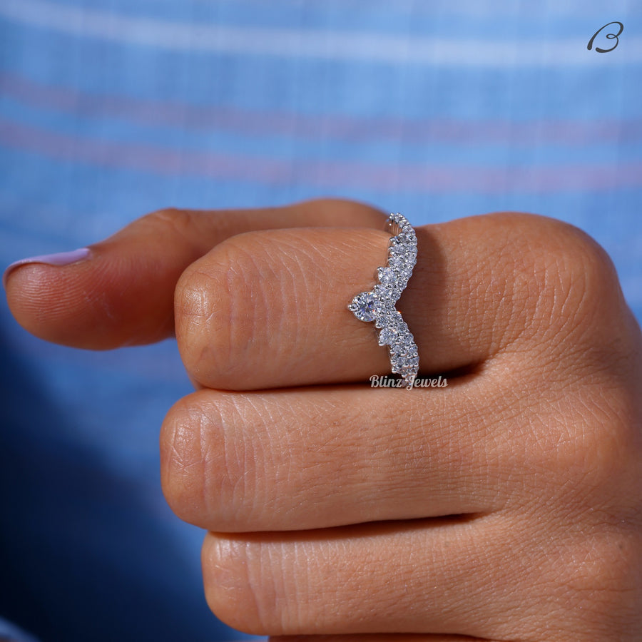 Round Cut Moissanite V Shape Chevron Pave Set Princess Crown Curved Promise Band