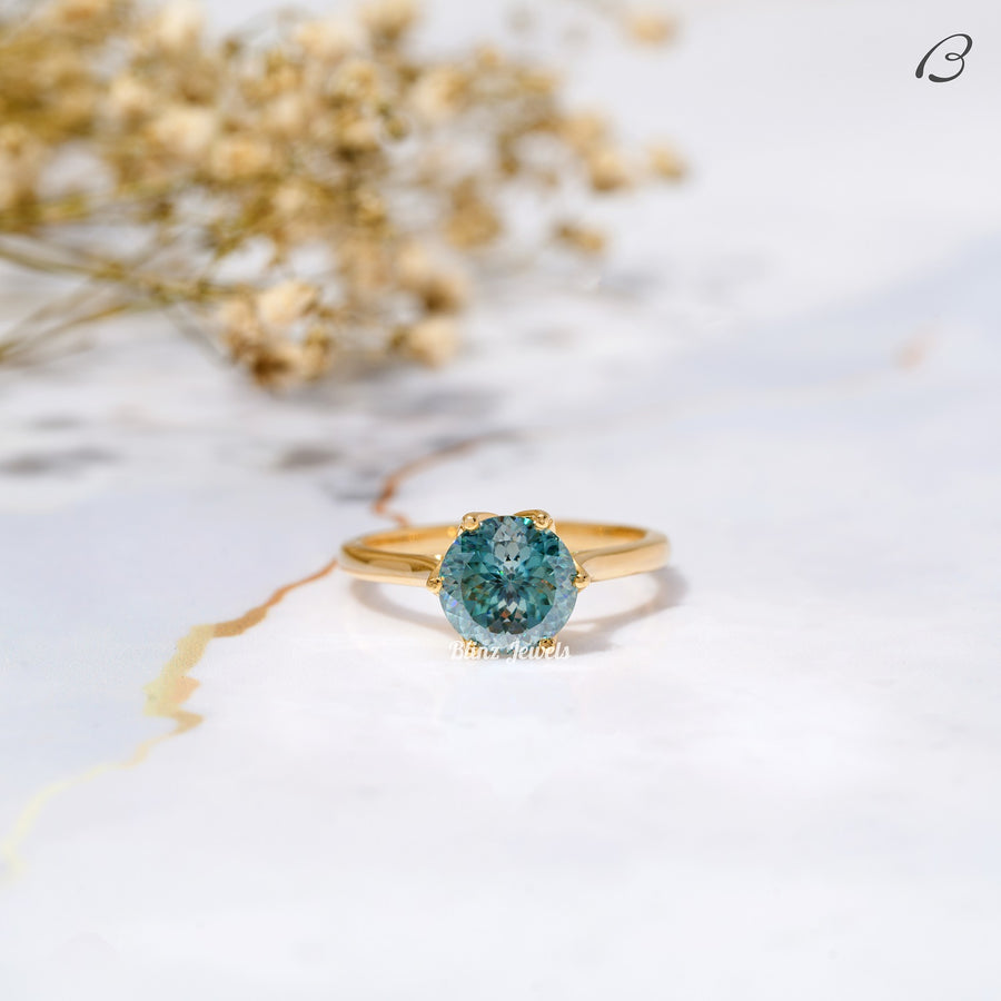 Portuguese Round Cut Cyan Blue Moissanite Solitaire Engagement Ring