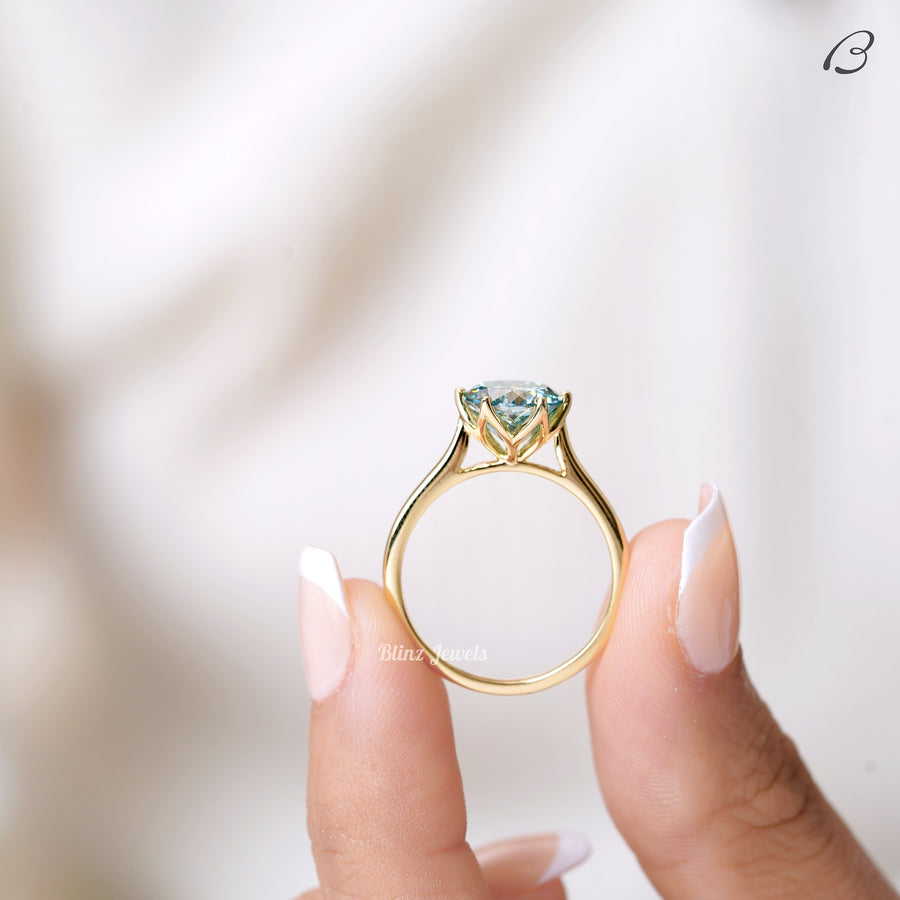 Portuguese Round Cut Cyan Blue Moissanite Solitaire Engagement Ring