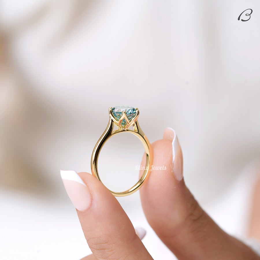 Portuguese Round Cut Cyan Blue Moissanite Solitaire Engagement Ring