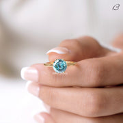 Portuguese Round Cut Cyan Blue Moissanite Solitaire Engagement Ring