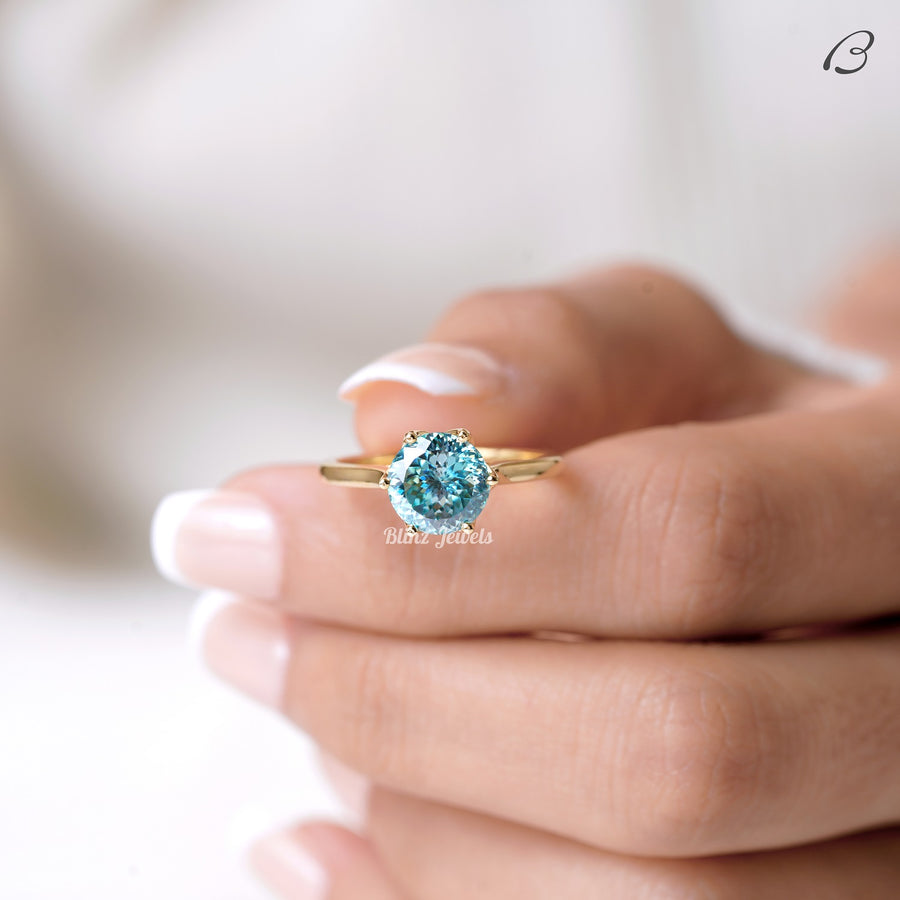 Portuguese Round Cut Cyan Blue Moissanite Solitaire Engagement Ring