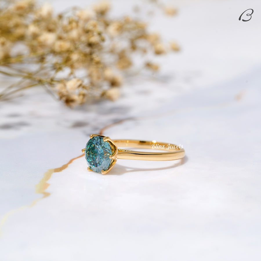 Portuguese Round Cut Cyan Blue Moissanite Solitaire Engagement Ring