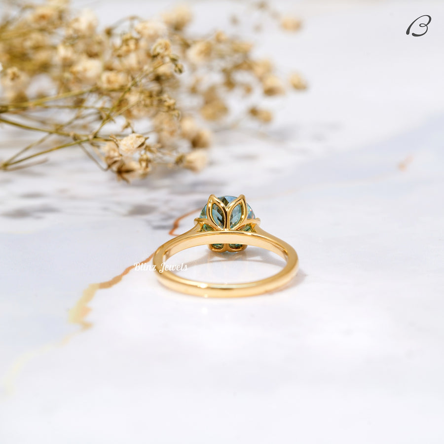 Portuguese Round Cut Cyan Blue Moissanite Solitaire Engagement Ring