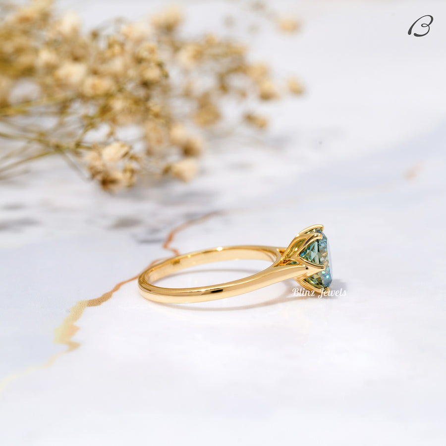 Portuguese Round Cut Cyan Blue Moissanite Solitaire Engagement Ring