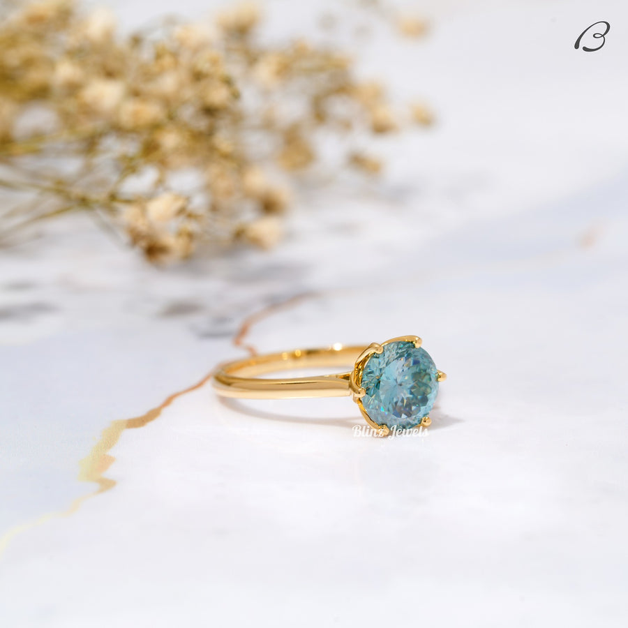 Portuguese Round Cut Cyan Blue Moissanite Solitaire Engagement Ring